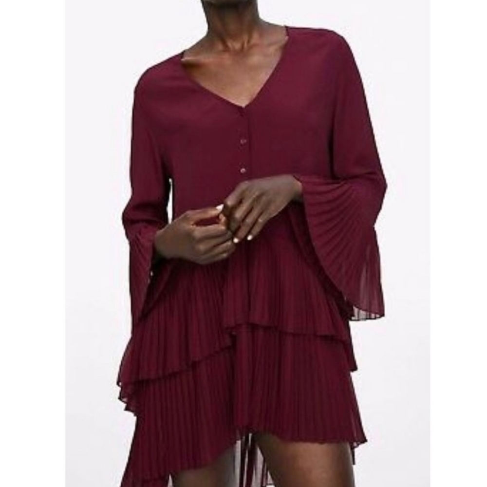 Zara Women's Ruffled Layered Shirt Tunic Dress Pleated Sz S